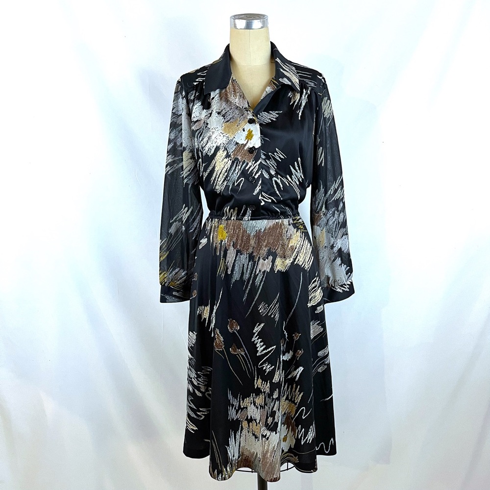 Vintage 70s Midi Dress Abstract Print Neutral Tone Medium Large
